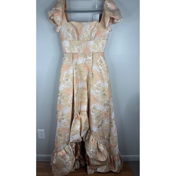 NWT MAC DUGGAL 68276 Floral Brocade Evening Gown Size 16 Puff Sleeve Peach Gold - Picture 4 of 11